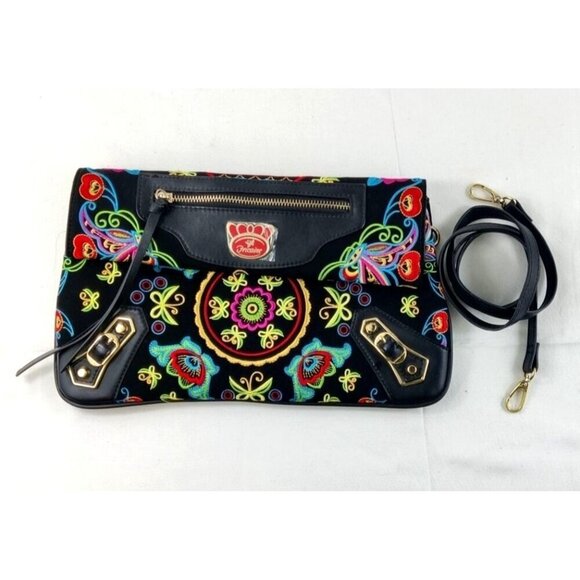 Fricaine Black Treasure Clutch Crossbody Luxury Boho Exotic Embroidered Flowers - Picture 1 of 12
